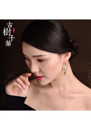 Samdoo Ünlü Seri Yeşil İpek Siyah Kiremit Gömlekli Uzun Kolye, Klasik Çin Stili Kuyumculuk, Kadınlar İçin Özel Tasarım Küpe Gold