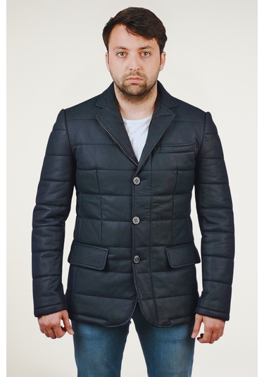 Derije Silva Hakiki Deri Erkek Tafta Lacivert Şişme Blazer Ceket Lacivert