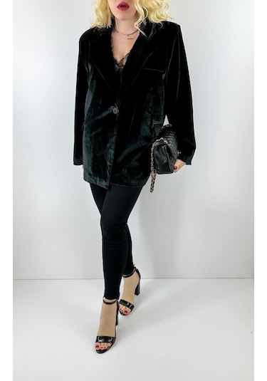 Modaonna Siyah Kadife Oversize Ceket Siyah