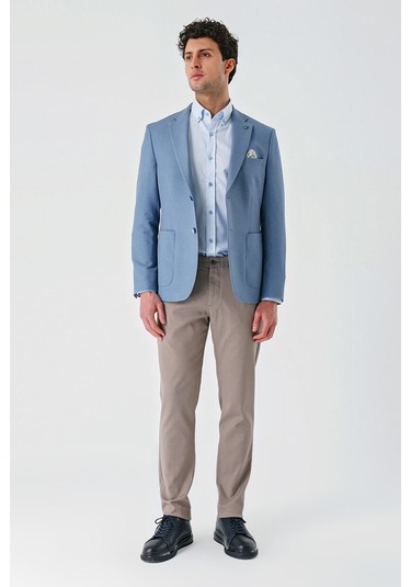 Örme Mono Yaka Çift Yırtmaç Likralı 6 Drop Slim Fit Dar Kesim Klasik Ceket 1002240138 - Açık Mavi