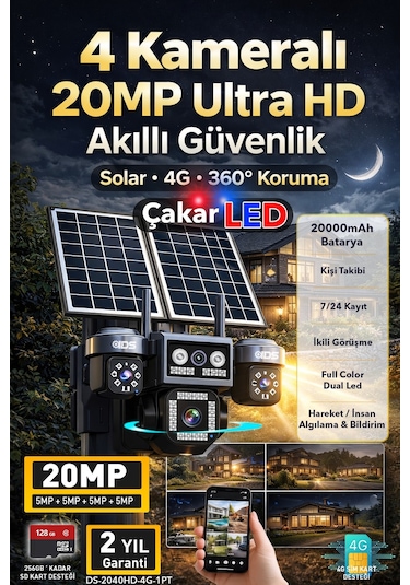 4 Kamera 20mp Ultrahd Güneş Enerjili Sim Kartlı 360 Güçlü Batarya 12xzoom Güvenlik Kamerası