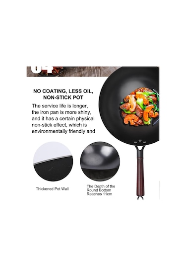 Çinli El Dövülmüş Demir Woks, Yuvarlak Tabanlı Dökme Demir Wok & Ahşap Kapaklı Kızartma Tavaları, Kaplama, Daha Az Yağ, Yapışmaz Pot-36cm 30cm Ahşap