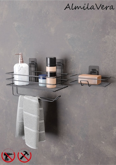 Güçlü Yapışkanlı Banyo Rafı Kağıt Havlu Tutacağı Ve Metal Sabunluk Set Düzenleyici Siyah