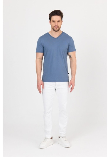 Erkek Compact Penye V Yaka T-shirt Turkuaz