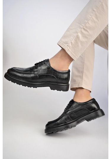 Muggo Norman Garantili Günlük Klasik Hakiki Deri Casual Rahat Ortopedik Kalın Taban Erkek Ayakkabı Siyah