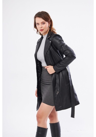 Derinss Dka2391 Hakiki Deri Kadın Siyah Pardesü 001