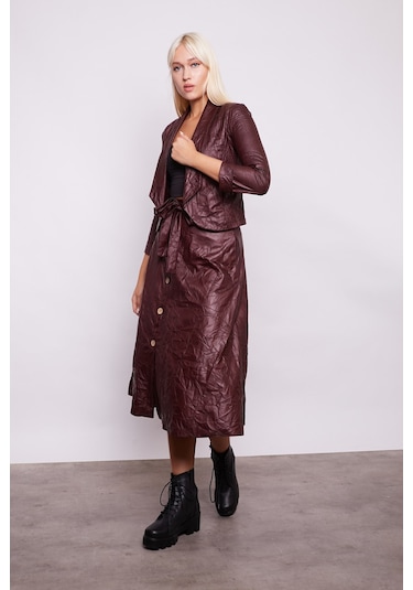 Kraş İnce Deri Yüksek Bel Yan Cepli Kiloş Uzun Etek-Mürdüm