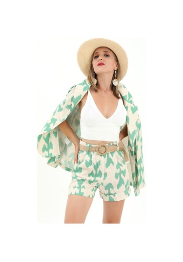 Kemerli Desenli Oversize Blazer Ceket - Yeşil-yeşil Yeşil