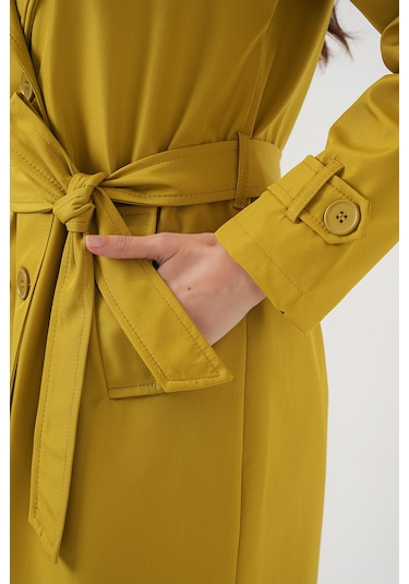 5918 Kruvaze Yaka Trençkot - Yağ Yeşil Yeşil