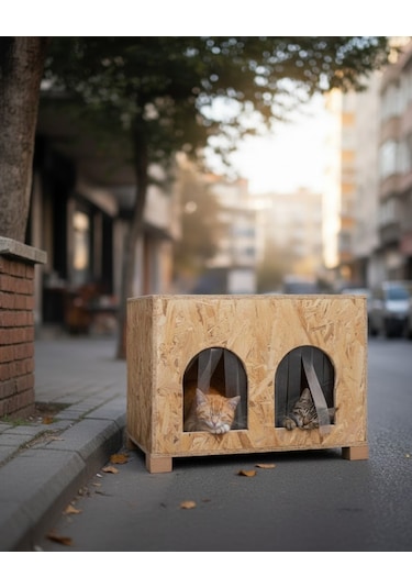 Reyo Kedi Evi Dış Ortam Uygun Ahşap Kedi Evi Double Osb 61 x 41 x 36 CM