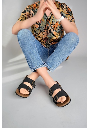 Muggo Rehda Garantili İki Toka Rahat Taban Ayarlanabilir Unisex Terlik Siyah