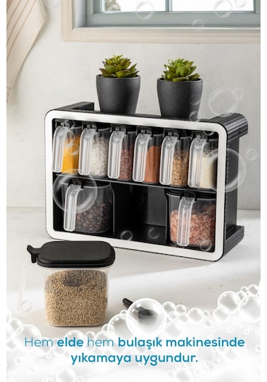 Vienev 9lu Standlı Kendinden Yapışkanlı Kaşıklı Baharatlık Seti Antrasit