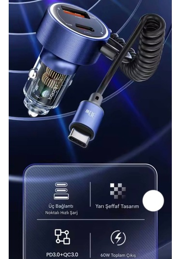 Toocki 60w Yaylı Şarj Kablolu 3 Girişli Type-c Ve Usb Hızlı