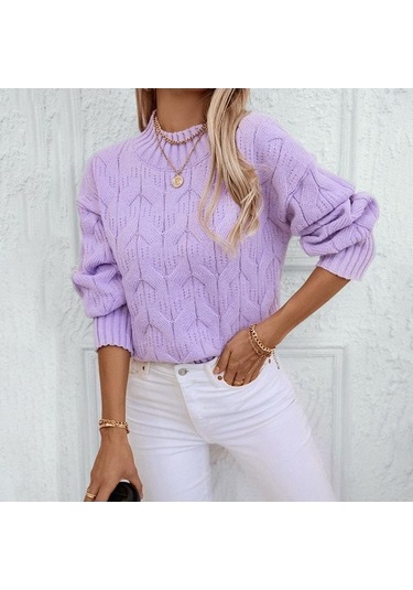 Tongxida Kadın Büyük Beden Yarım Yüksek Yaka Bükülmüş Örgü Kazak - Sonbahar/kış - Bol Bükülmüş Çiçekli Kazak - Mor Mor