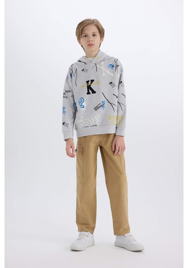 DeFacto Erkek Çocuk Oversize Geniş Kalıp Kapüşonlu Desenli Kalın Sweatshirt D7118A824WNBE417