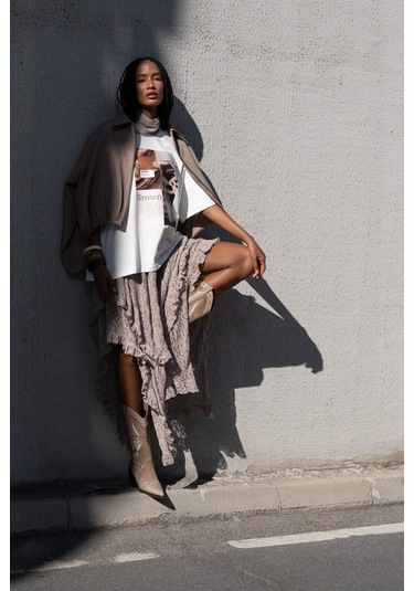 Mireya Asimetrik Vizon Dantel Etek Vizon