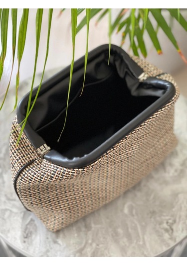 Muz Lifi Dokuma Siyah Deri Detaylı El Çantası Siyah