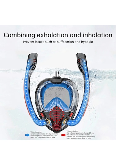 Techtic Çift Tüp Silikon Şnorkel Tam Yüz Dalış Maskesi Fullface Kırmızı - Siyah