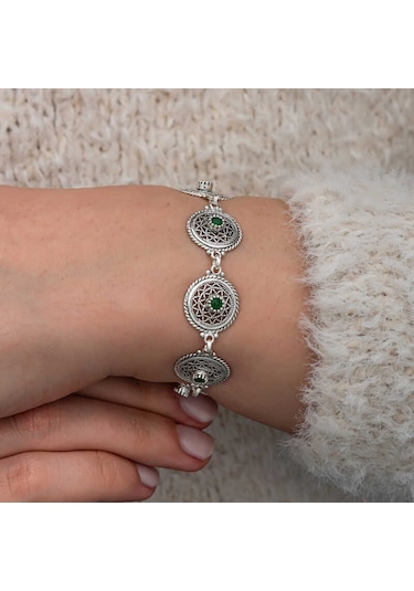 Artsmagazinmücevher Gümüş Telkari Zümrüt Taşlı Kadın Bileklik
