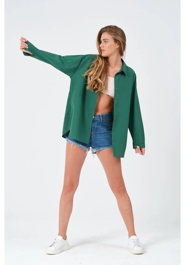 Kadın Koyu Yeşil Oversize Uzun Basic Gömlek Koyu Yeşil
