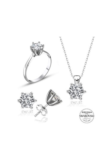Sertifikalı Swarovski Pırlanta Montür Tektaş 925 Gümüş Set Takım