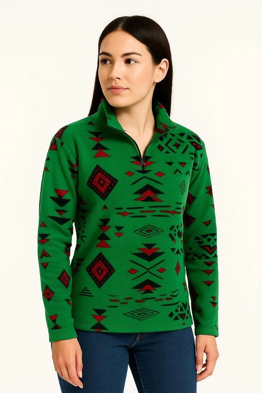 Kadın Yarım Fermuarlı Desenli Polar Sweat Tribal Etnik Desen Yakalı, Uzun Kollu, Oversize Rahat Kalı Yeşil