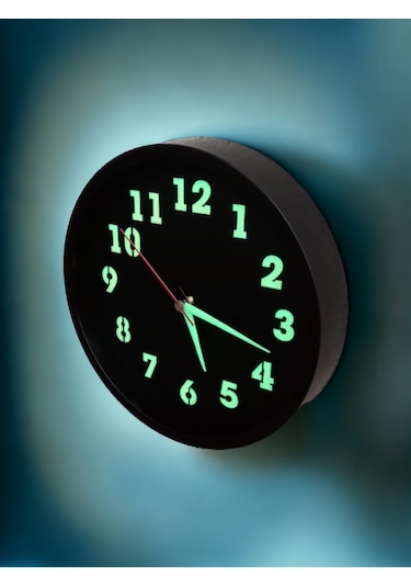 Fosforlu Gece Görünen Siyah Duvar Saati Çap 22 Cm Camsız K1 Siyah