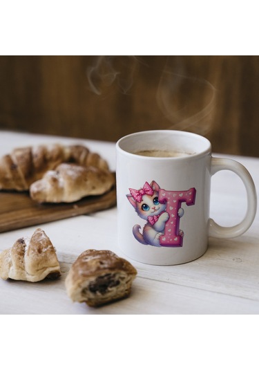 T Harfli Bardak, Sevimli Kedili Pembe Tasarım Bardak, Arkadaşa Aileye Hediye Porselen Beyaz