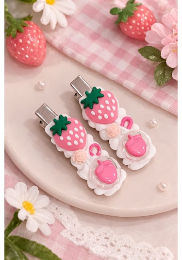 Çilek Bahçesi Klips Toka, Saç Tokası Beyaz - Pembe