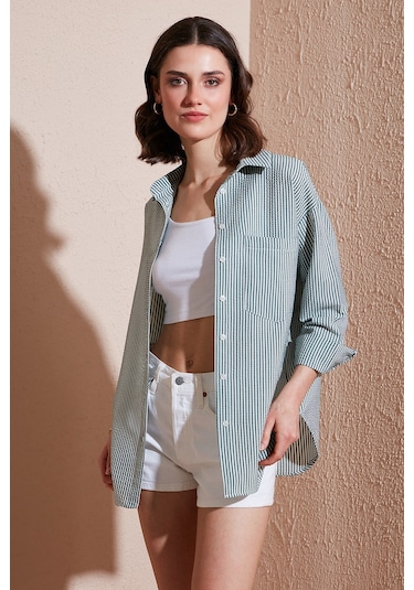 Lela Regular Fit Uzun Kollu Cepli Çizgili Bayan Gömlek 6772895 Yeşil