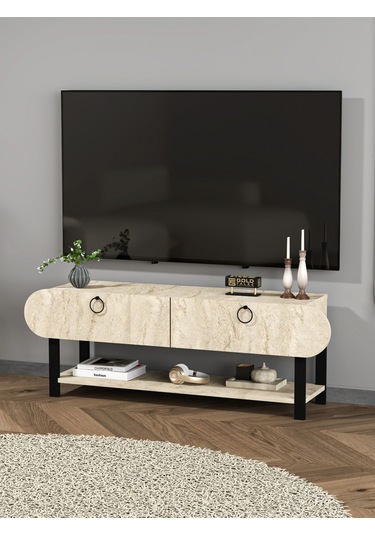 Tv Sehpası Tv Ünitesi Kapaklı Raflı Setro Traverten Ekru