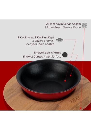 Lava Döküm Yuvarlak Çorba Kasesi Ve Kayın Servis Ahşabı. Çap Ø 14cm. Bordo