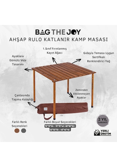 Bag The Joy 70 x 70 x 55 CM Ahşap Katlanır Kamp Masası - Kahverengi