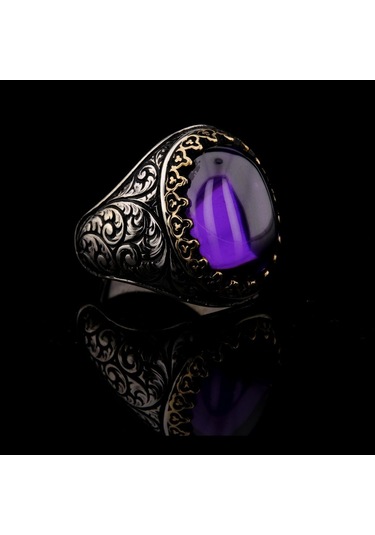 925 Ayar Gümüş Sarmaşık Desenli Ametist Taşlı Erkek Yüzük Çok Renkli