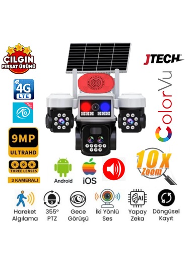 O-kam 5051 3mp+3mp+3mp 9mp 4g Sim Kartlı Solar Panelli 10x Optik Zoom 3 Lens Alert Ptz