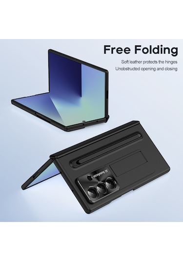 Samsung Galaxy Uyumlu Z Fold7 5g Kılıf Pc Cep Telefonu Kılıfı, Ayaklı Ve Kalemli - Siyah Siyah