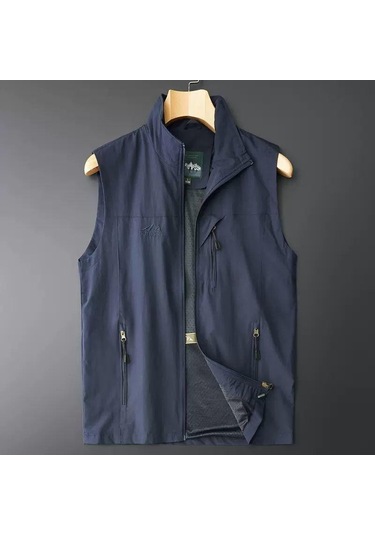 Büyük Beden Erkek İlkbahar Yaz İnce Yelek Kolsuz Ceket Dik Yaka Yelek Günlük Yelek Koyu Mavi