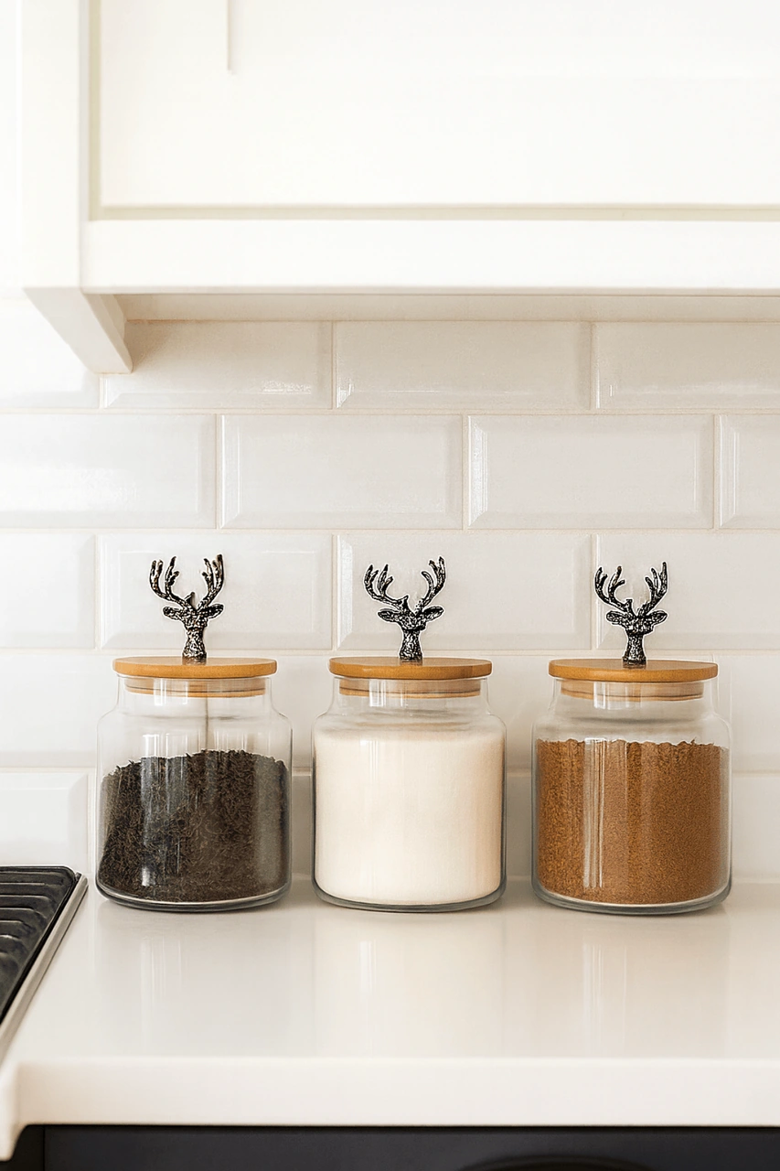 3'lü Metal Siyah Geyik Figürlü Bambu Kapaklı Cam Kavanoz Şık Saklama Kabı 635 Cc Şeffaf