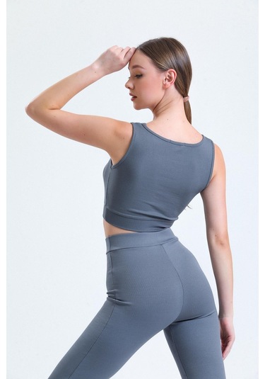Yeşil Fitilli Kare Yaka Esnek Örme Crop Büstiyer Atlet Antrasit