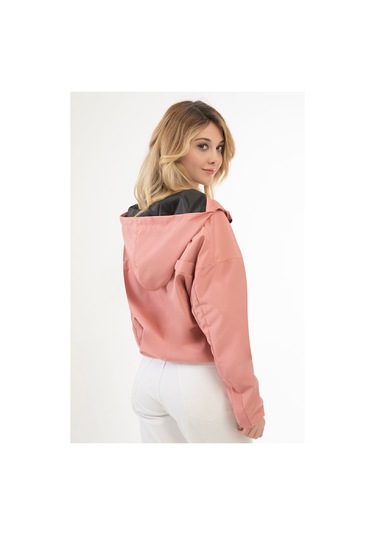 Riverstorm Kadın Pudra Su Ve Rüzgar Geçirmez Kapüşonlu Cepli Oversize Yağmurluk - Rüzgarlık Pudra