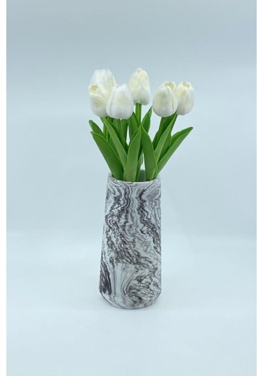 20 Cm Mermer Desenli Beton Vazoda Yapay Islak Lale 7 Dal Beyaz Siyahımsı