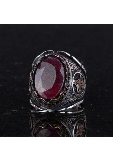Osmanlı Tuğra Doğal Yakut Taş Yüzük, 925 Ayar Gümüş Yüzük Erkekler İçin Gümüş