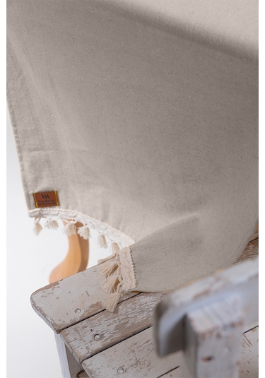 Vivamaison Düz Püsküllü Pamuk Kumaş Runner 45 x 150 Bej