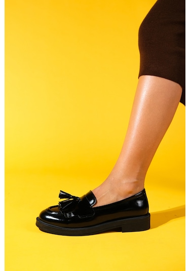 Milina Siyah Rugan Püsküllü Hakiki Deri Kadın Loafer Ayakkabı Siyah