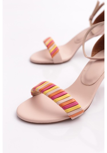 Dgn 5315 Kadin Bilekten Bağlama Renkli Şerit Topuklu Ayakkabi Bej Multi