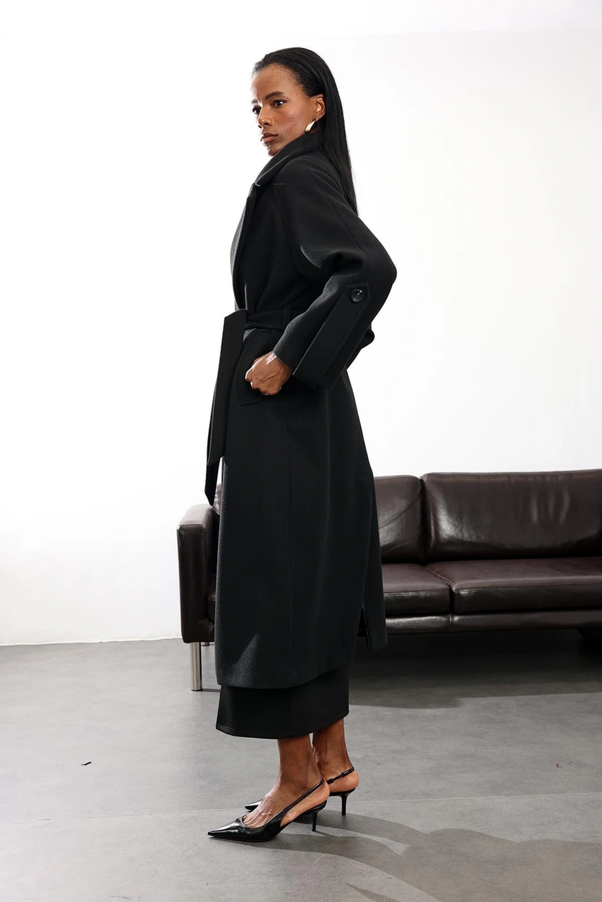 Siyah Kuşaklı Kaşe Palto 1146 Siyah