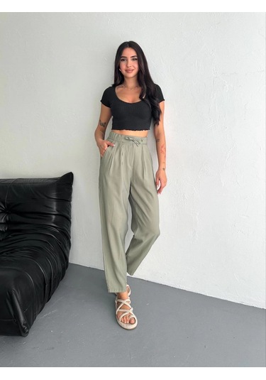 Kadın Yüksel Bel Beli Bağcıklı Cepli Rahat Paça Pantalon - Su Yeşili Su Yeşili