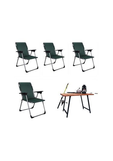 Alin Metal Lüks 4''lü Katlanır Sandalye Ve Masa Seti Yeşil Yeşil
