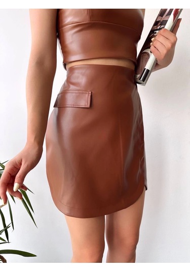 Cep Detaylı Oval Kapaklı Deri Etek Kahve H240048 Kahve