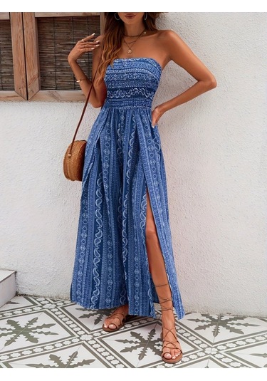 Soonaksesuar Kadın Yakası Gipe Detaylı Önden Yırtmaç Detaylı Desenli Süprem Pantolunetek Tulum Mavi